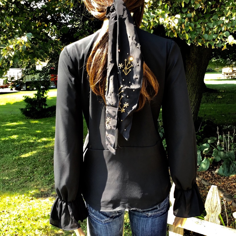 VINTAGE LOOKING  BLACK WATERFALL RUFFLE BLOUSE - Picture 2 of 8